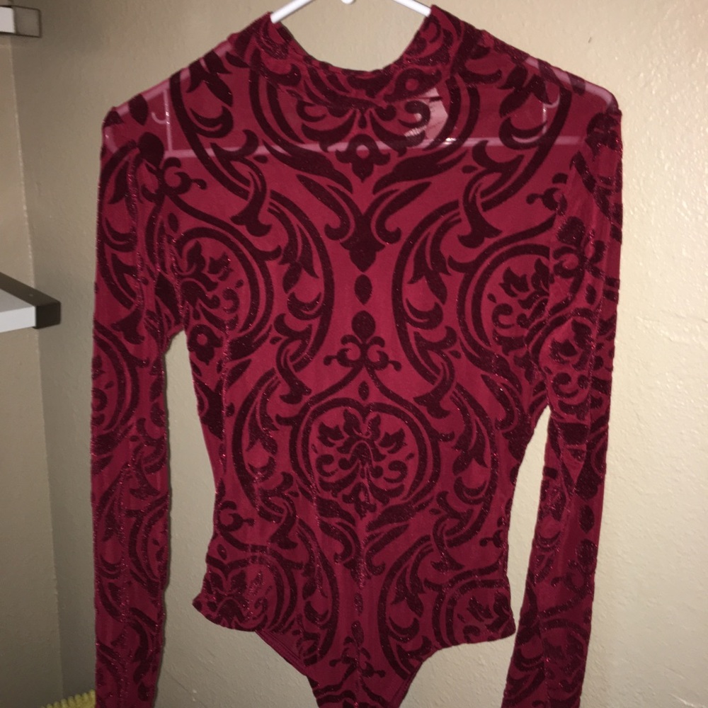 Mesh burgundy velvet- turtle neck style- body suit